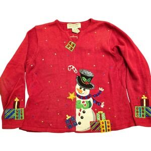 Vtg TIARA INTNL PM Red‎ Snowman Sequin Christmas Cotton Sweater Kitschy Festive